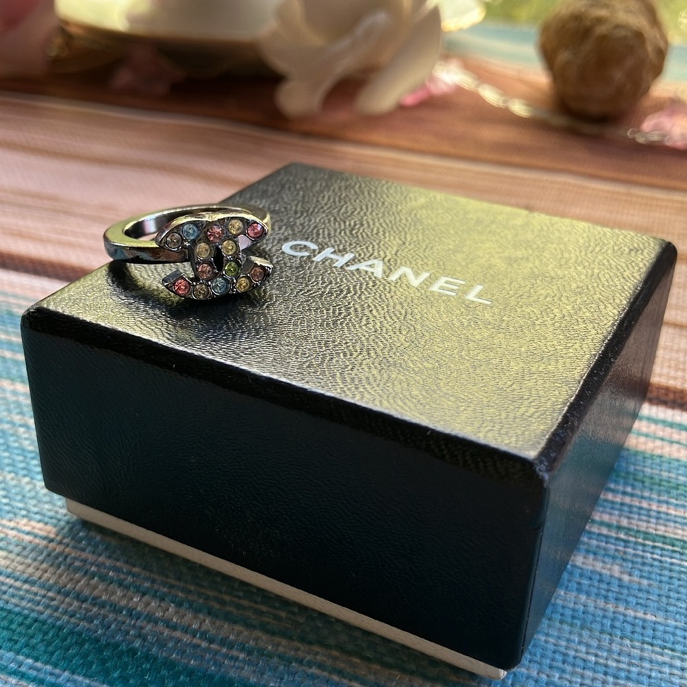 Authentic Chanel Swarovski Crystal Signature CC Ring